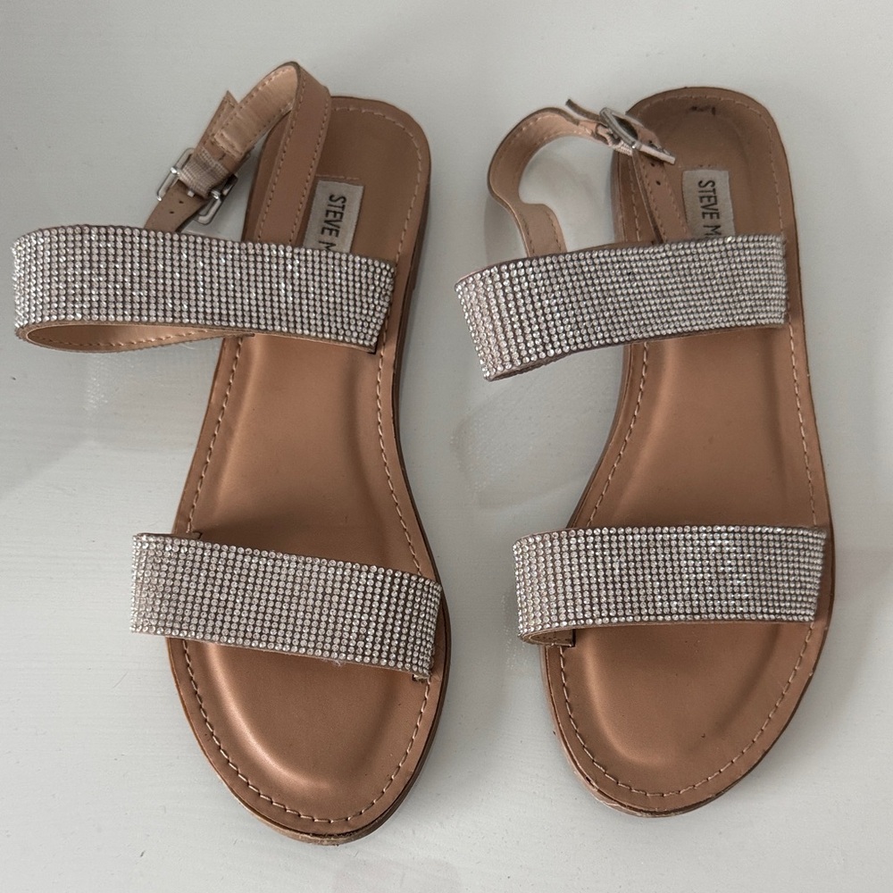 Steve Madden Tan Sandals with Rhinestone Silver Straps Size 9